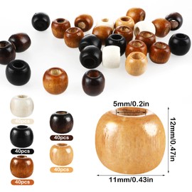 Andibro Pack of 200 Wooden Beads, 5 Colours, Large Holes, Barrel Wooden Beads, Natural Wooden Beads for Crafts, Wooden Beads for Dreadlocks, Hair Braid Beads, Macrame Beads for Making Jewellery