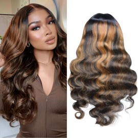 U Part Human Hair Wig Body Wave Highlight Wig #1b/30 Upgrade Human Hair Wig Ombre with Clips Brown Wigs for Black Women 180% Density No Leave Out Blonde and Brown Wig(24inch)