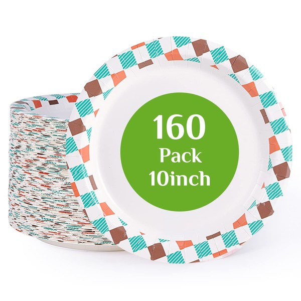 FOCUSLINE 10 inch Paper Plates, Disposable Paper Plates 10 inch Bulk 160 Count, Soak-Proof & Cut-Proof Bulk Paper Plates for Parties, Picnic and Family Gatherings.