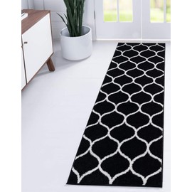 Unique Loom Trellis Frieze Collection Area Rug - Rounded (2' x 8' 8" Runner, Black/ Ivory)