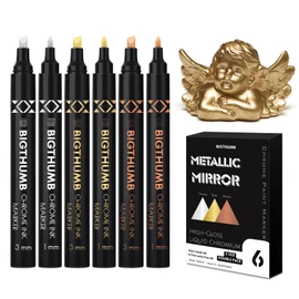 BIGTHUMB 6Pcs Liquid Chrome Paint Markers, Dual Tips Gloss Mirror Marker, Oil-based Permanent Chrome Maker, Reflective Metallic Pen Markers for Repairing, Model Painting DIY Art Projects
