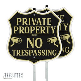 Faittoo No Trespassing Signs Private Property Video Surveillance Sign with 42" Stake, 2-Pack 12"x12" Rust Free Aluminum, Reflective, 2 pre-drilled holes, Includes Matching Screws & Wren