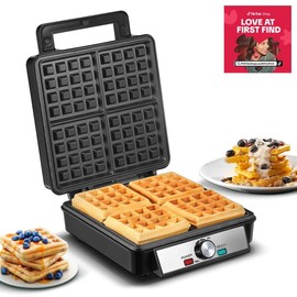 FOHERE 4-Slice Belgian Waffle Maker 1200W, Nonstick Plates, Browning Control, Black, Stainless Steel, New