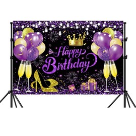 YinQin 180x120 cm Glitter Purple Golden Happy Birthday Party Backdrops Cloth 71x47 inch Photography Bday Backgrounds Black Purple Gold Happy Birthday Sign Banner Decorations for Girl Women