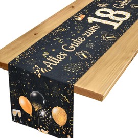 Table Runner 18th Birthday Decoration 18th Birthday Girl Boy Black Gold Table Decoration Birthday for Him Her Anniversary Celebration Party Dinner Table Linen Tablecloth Decoration for Home, 183 x 33