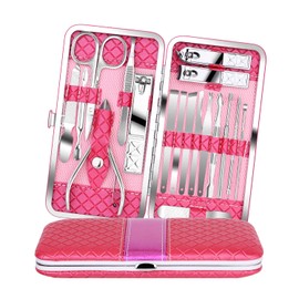 Teamkio 18pcs Manicure Set Pedicure Nail Clippers Set Travel Hygiene Kit Stainless Steel Professional Cutter Care Set Scissor Tweezer Knife Ear Pick Tools Grooming Kits with Leather Case