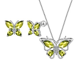Aurora Tears Butterfly Necklace/Earrings Set 925 Sterling Sliver August Birthstone Green Peridot Jewelry Set Animals Jewelry Gift for Women and Girls DS0045A