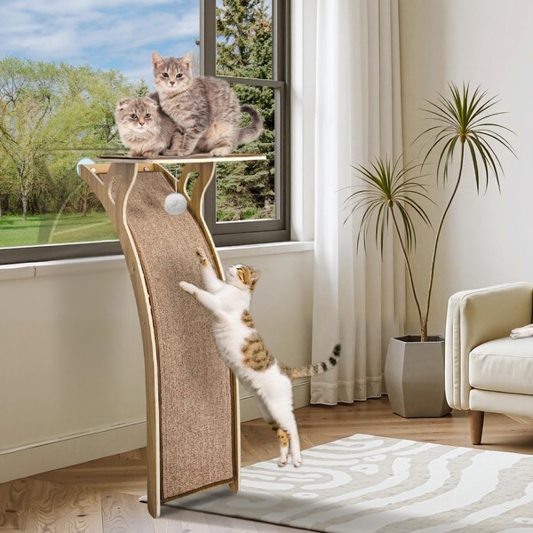 Cat Window Perch with Scratcher Ramp, 48" Climbing Tree Suctions