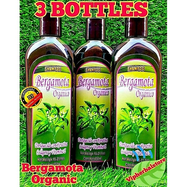 3 Packs BERGAMOTA Shampoo Organico BERGAMOT w/ Collagen Stop Hair Loss 450 ml ea