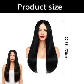 28" 70cm Long Black Wigs for Women Long Straight Synthetic Black Wigs for Halloween, Party, Cosplay, Anime, Carnival Fancy Dress Accessories