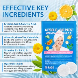 Glycolic Acid Toner, Glycolic Acid Pads for Face with Vitamins B3,B5,C & E, Green Tea, Calendula, Allantoin, Exfoliates Surface Skin and Reduces Fine Lines and Wrinkles-40pcs