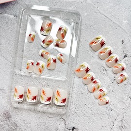 24 Pcs French Tip Press on Nails Short Length Autumn Maple Leaf Fake Nails Glue on Nails Fall Winter Fallen Leaves False Nails Square Shape Full Cover Maple Leaves Acrylic Nails with Glossy for Women