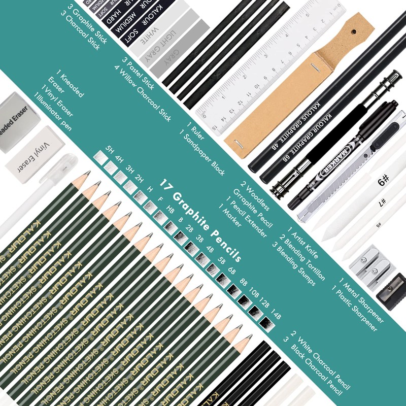 KALOUR 54-Pack Sketch Drawing Pencils Kit with Sketchbook,Include Graphite,Charcoal Pencils