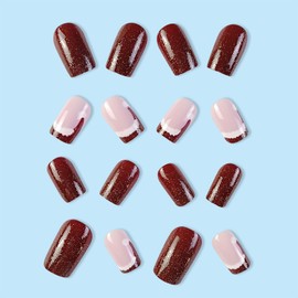Christmas Press on Nails Short Square Winter French Tip Fake Nails Wine Red Full Cover Xmas Hat False Nails with Designs Glitter Glossy Glue on Nails Artificial Nails for Women Girls 24Pcs