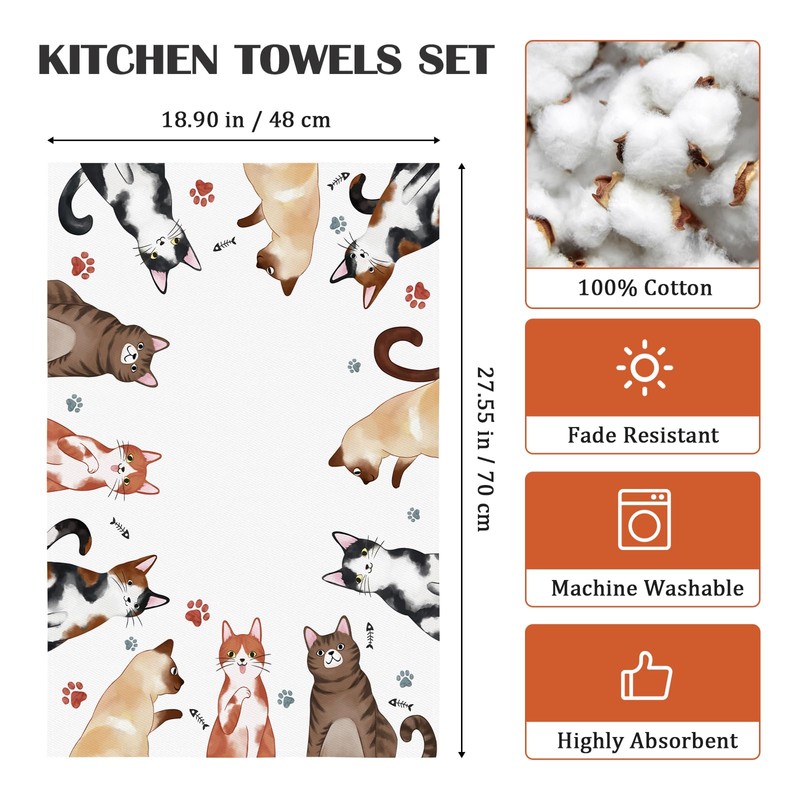 Arquiel Cats Tea Towels, 100% Cotton Kitchen Towel Set, 48