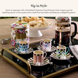 MACKENZIE-CHILDS Sweetheart Espresso Cup and Saucer Set, Cute Porcelain Espresso Cups and Saucers for Coffee, Set of 4