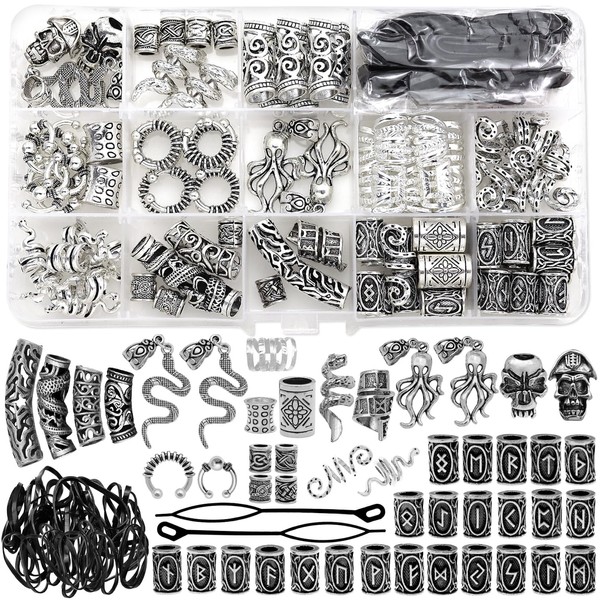 Fscwlmon 207Pcs Viking Hair Jewelry Nordic Runes Tube Beads,Accessories Kit for Braids Dreadlock Beard Locs,Metal Clips Cuff Rings,Braiding Beard Decoration Bracelets Pendant Necklace DIY Silver