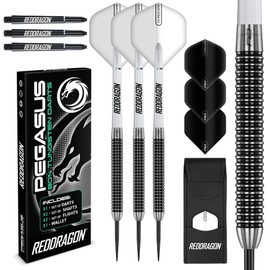 Pegasus 80% Tungsten Steel Tip Darts Set – 22g, 24g, 26g, 28g or 30g – White Red Dragon Shafts, White Flights, Case & Red Dragon Checkout Card