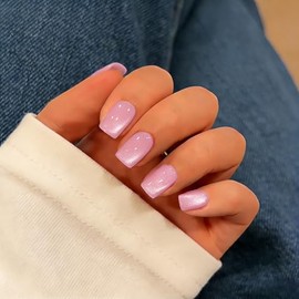 SXVME Uñas postizas cortas con forma de ojo de gato, uñas postizas cuadradas hechas a mano, uñas postizas gruesas cromadas rosa bebé para mujer, para 