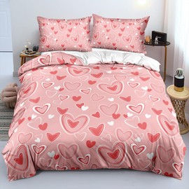 Luowei Bed Linen 135 x 200 cm Girls Pink with Hearts Children's Bed Linen Hearts Soft Cuddly Microfibre Bed Linen 2-Piece for Children Girls Gift with Zip and 80 x 80 cm Pillowcase