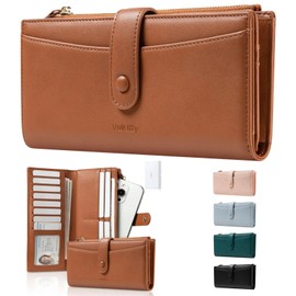 Vulkitty Wallet for Women Large Capacity Long Ladies Purse Leather RFID Blocking with Coins Zipper Pocket Phone Compartment and Card Slots (Brown)
