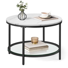 VASAGLE Round Coffee Table, Small Coffee Table with Faux Marble Top and Glass Storage Shelf, 2-Tier Circle Coffee Table, Modern Center Table for Living Room, Marble White and Ink Black ULCT072W13