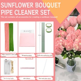 200Pcs Pipe Cleaners Craft with String Light, DIY Flower Bouquet Kit Chenille Stems Tulip Craft Kit with Step-by-Step Video Tutorials for Wedding Gifts, Holiday Decoration, Mom Gifts