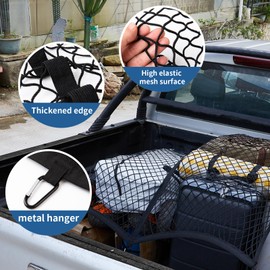 KOZR Highly Elastic Cargo Net for Pickup Truck Bed,Stretchable Mesh Organizer for SUV,Car,Trailer, and Boat,3.3'x4'Stretches to 6.6'x8',Durable and Secure with Metal Carabiners
