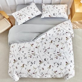 Tokokimo Double Duvet Cover Set 4PCS Bedding Set with Fitted Sheet, Botanical Leaf Printed White Double Duvet Set (1x Duvet Cover, 2x Pillowcases, 1x Fitted Sheet) Microfiber Double Duvet Cover