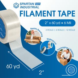 SPARTAN INDUSTRIAL - 2" X 60 yd Filament Strapping Tape - 3 Rolls of Waterproof Package Tape for Sealing, Binding, and Bundling, Durable 6 Mil