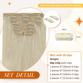 Full Shine Blonde Hair Extensions 8 Pcs Clip in Hair Extensions Color #60 Platinum Blonde Clip in Extensions Human Hair 18 Inch Invisible PU Weft Straigt Hair 105 Grams