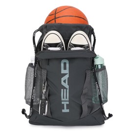 HEAD Waterproof Gym Sackpack for Sport with 2 Zipper Pockets, Large Drawstring Backpacks for Men (dark grey)