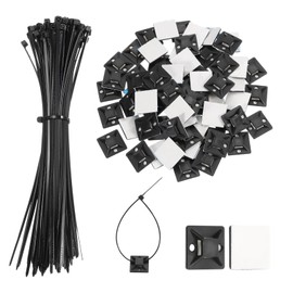 MECCANIXITY 100Set Cable Tie Zip Self Adhesive Mounts Set 8 Inch Nylon Cable Tie Mount Base Holders with Sticky Pads for Home, Office, Garden, Workshop Black
