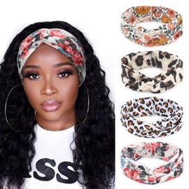DRESHOW 4 Pack Boho Non-Slip Headbands for Women Girls Yoga Workout Running Knotted Turban Floral Elastic Head Wrap