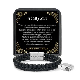 LUXEJEW Best Birthday Gifts for Son Adult, To My Son Bracelet Gifts from Mom Dad Black Leather Beaded Bracelets for Men