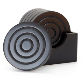 KOLURAFUL Wooden Coasters with Holder for Drinks, Set of 6 for Drinking Glasses, Tabletop Protection for Any Table Type, Gift Set for All Occasions, Black