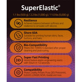 SuperElastic Resina para impresora 3D, suavidad 60 A que simula silicona suave, fabricada en Corea por 3DMaterials (500g, Transparente)