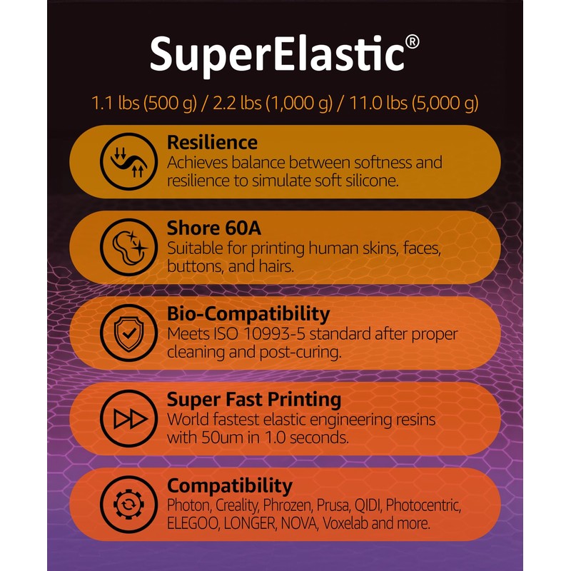 SuperElastic Resina para impresora 3D, suavidad 60 A que simula