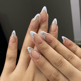 MERVF Almond Press on Nails Medium Fake Nails White French Tip Stiletto Glue ons with Gold Lines Design Luxury Acrylic Wedding Manicure 24pcs Glossy