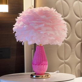 LINCWONZ Pink Feather Lamp for Nightstand with Dual Light, Pink Table Lamp for Girls Bedroom,Modern Bedroom Decor, Gold Base(Pink Feathers)