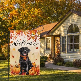 Heyfibro Welcome Fall Black Dog Garden Flag 12x18 Double Sided Burlap, Autumn Pumpkin Maple Leave Yard Flags for Thanksgiving Rustic Farmhouse Seasonal Outside Outdoor Decoration (ONLY FLAG)