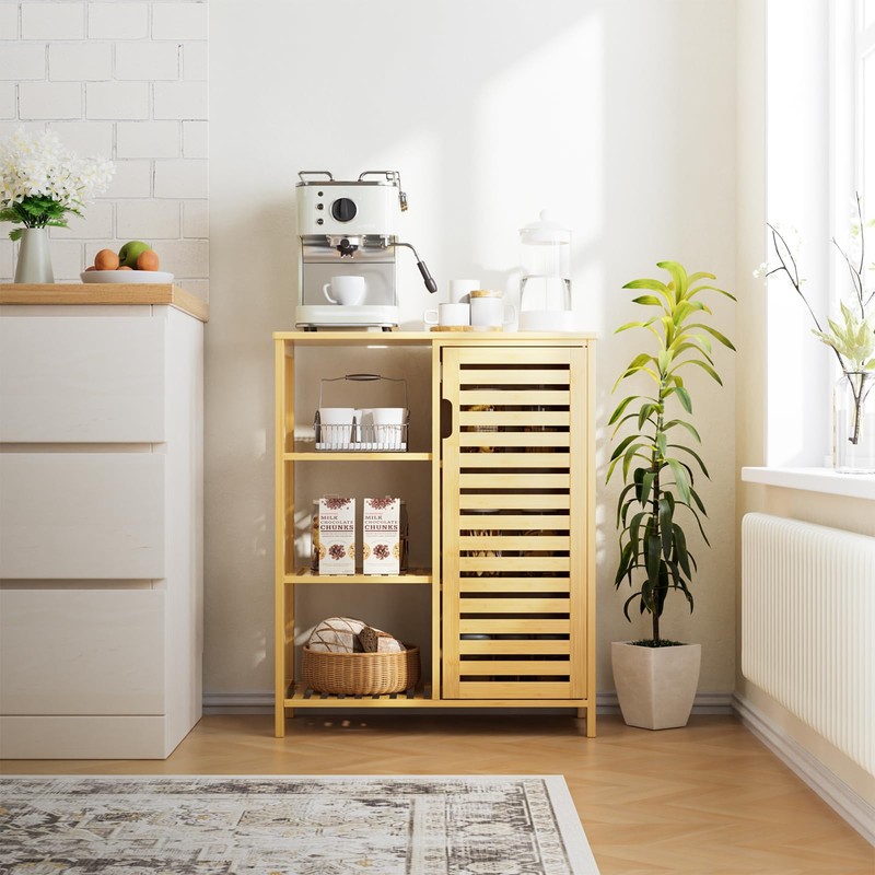HITNET Bathroom Floor Cabinet, Bamboo Storage Cabinet with Door and