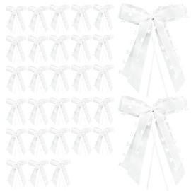 Megcdtr Wedding Car Bows Pack of 30 White with Heart Bows, Car Bows Antenna Bows, Wedding Bows for Wedding Decoration, Car, Table, Room, Party Decoration (22 x 13 cm)