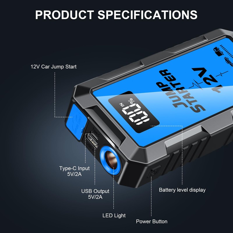 8000A Car Battery Jump Starter Box with Jumper Cables, 12V