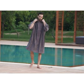 ALLEN & MATE Hooded Towel Poncho for Adults 100% Terry Cotton Changing Robe with Hood for Beach, Swimming, Pool (S-M, Charcoal)