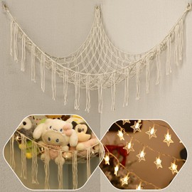 Stuffed Animals Net or Hammock with LED Light, 59 inch Toy Hammock Net for Stuffed Animals Corner Hanging Stuffed Animal Storage Stuffed Animal Holder for Nursery Kids Bedroom (White)