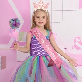 SuPoo 4th Birthday Sash and Headband Crown Flower 4th Birthday Decorations for Girl Pink Bow Crown for Girls Princess Tiara Cute Glitter Hair Band 4 Year Old Party Decorations Outfit Gift