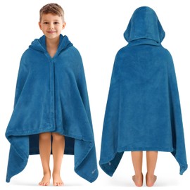 PAVILIA Fleece Hooded Towel for Kids, Soft Plush Toddler Beach Towel, Shower Wrap for Pool Beach, Absorbent Swimming Poncho for Toddler Boys Girls 3-8 Years 50x30 Inch, Sea Blue