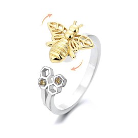 Cute Bee Fidget Spinner Rings for Women Sterling Silver Plated Anxiety Rotate Freely Stress Relief Adjustable Open Ring Cubic Zirconia Lovely Honeycomb Fashion Jewelry Gifts Birthday Xmas (Style 1)