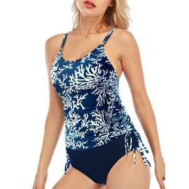 SERENYOU Womens Tankini Swimsuits Sets 2 Pieces Adjustable Straps Tummy Control Tankini Top with Bikini Bottom Navy L